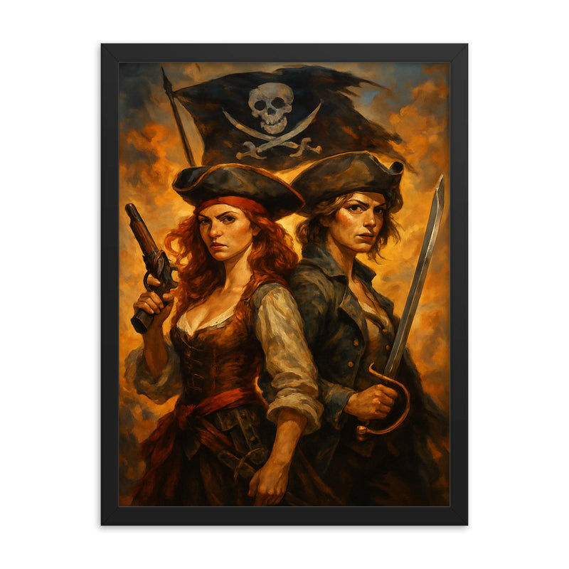 Anne Bonny and Mary Read back to back framed print on a plain backdrop in size 18