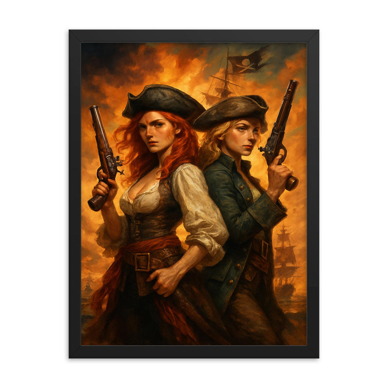 Anne Bonny and Mary Read back to back framed print on a plain backdrop in size 18