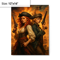Anne Bonny and Mary Read back to back metal print on a plain backdrop in size 12"x16".