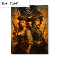 Anne Bonny and Mary Read back to back metal print on a plain backdrop in size 12"x16".