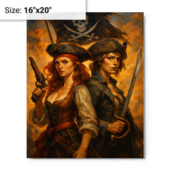 Anne Bonny and Mary Read back to back metal print on a plain backdrop in size 16"x20".