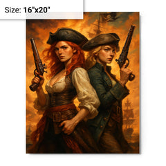 Anne Bonny and Mary Read back to back metal print on a plain backdrop in size 16"x20".