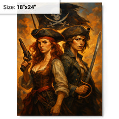 Anne Bonny and Mary Read back to back metal print on a plain backdrop in size 18"x24".