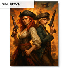 Anne Bonny and Mary Read back to back metal print on a plain backdrop in size 18"x24".