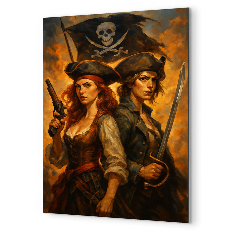 Anne Bonny and Mary Read back to back metal print mockup
