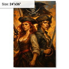 Anne Bonny and Mary Read back to back metal print on a plain backdrop in size 24"x36".