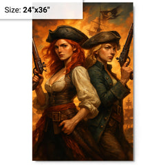 Anne Bonny and Mary Read back to back metal print on a plain backdrop in size 24"x36".
