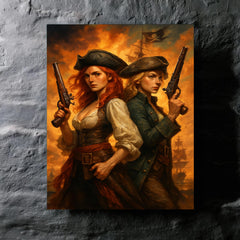 Anne Bonny and Mary Read back to back metal print mockup