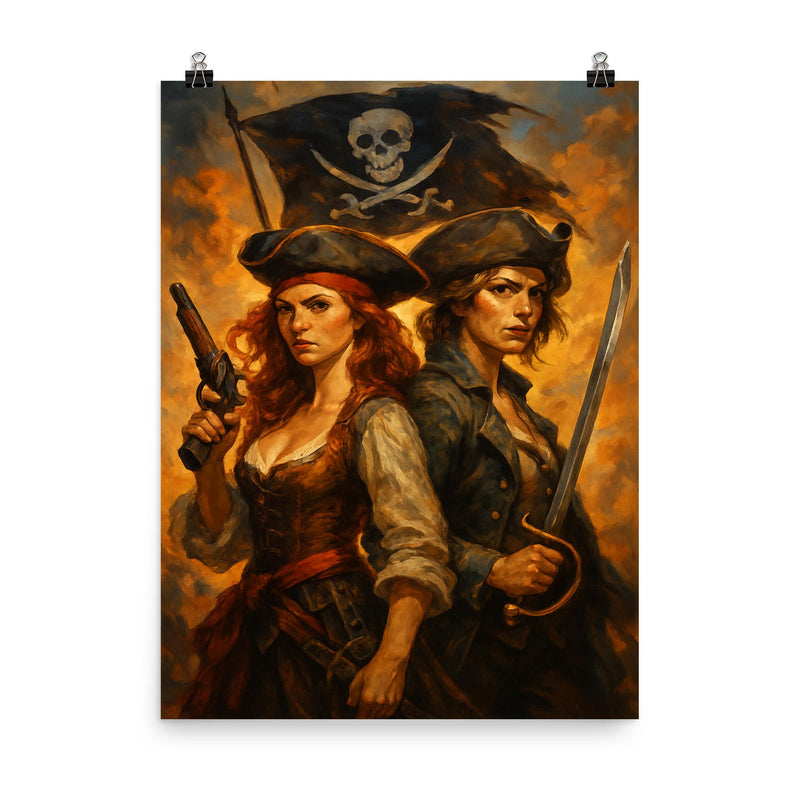 Anne Bonny and Mary Read back to back poster on a plain backdrop in size 8