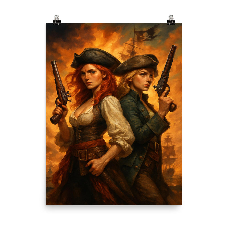 Anne Bonny and Mary Read back to back poster on a plain backdrop in size 8