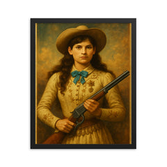 Annie Oakley framed print on a plain backdrop in size 16"x20".
