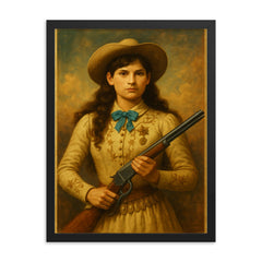 Annie Oakley framed print on a plain backdrop in size 18"x24".