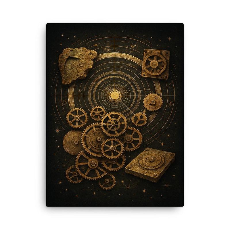 Antikythera mechanism exploded celestial diagram canvas print on a plain backdrop in size 18