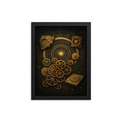 Antikythera mechanism exploded celestial diagram framed print on a plain backdrop in size 12"x16".