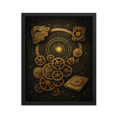Antikythera mechanism exploded celestial diagram framed print on a plain backdrop in size 16"x20".
