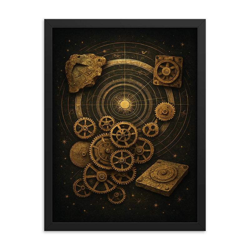 Antikythera mechanism exploded celestial diagram framed print on a plain backdrop in size 18