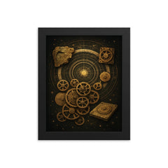 Antikythera mechanism exploded celestial diagram framed print on a plain backdrop in size 8"x10".