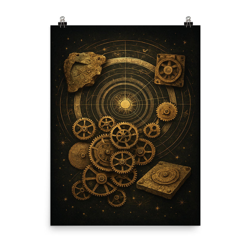 Antikythera mechanism exploded celestial diagram poster on a plain backdrop in size 8