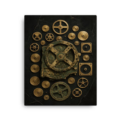 Antikythera mechanism exploded diagram on dark marble canvas print on a plain backdrop in size 16"x20".