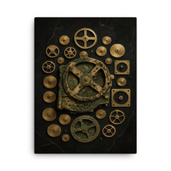 Antikythera mechanism exploded diagram on dark marble canvas print on a plain backdrop in size 18"x24".