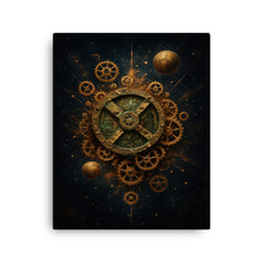 Antikythera mechanism exploded like a bronze cosmos canvas print on a plain backdrop in size 16"x20".