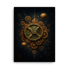Antikythera mechanism exploded like a bronze cosmos canvas print on a plain backdrop in size 18"x24".