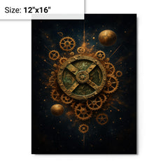 Antikythera mechanism exploded like a bronze cosmos metal print on a plain backdrop in size 12"x16".