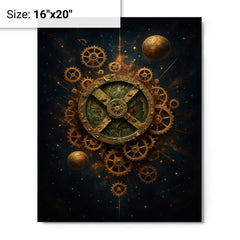 Antikythera mechanism exploded like a bronze cosmos metal print on a plain backdrop in size 16"x20".
