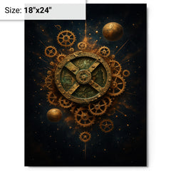 Antikythera mechanism exploded like a bronze cosmos metal print on a plain backdrop in size 18"x24".