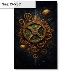 Antikythera mechanism exploded like a bronze cosmos metal print on a plain backdrop in size 24"x36".