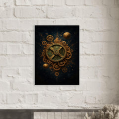 Antikythera mechanism exploded like a bronze cosmos metal print mockup