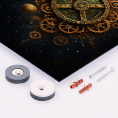 Antikythera mechanism exploded like a bronze cosmos metal print mockup