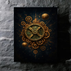Antikythera mechanism exploded like a bronze cosmos metal print mockup