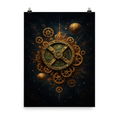 Antikythera mechanism exploded like a bronze cosmos poster on a plain backdrop in size 8"x10".