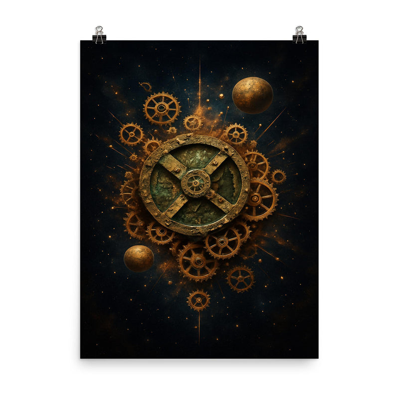 Antikythera mechanism exploded like a bronze cosmos poster on a plain backdrop in size 8