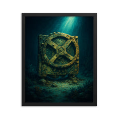 Antikythera mechanism under seabed light framed print on a plain backdrop in size 16"x20".