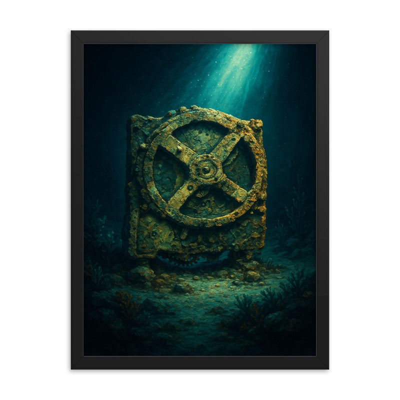 Antikythera mechanism under seabed light framed print on a plain backdrop in size 18