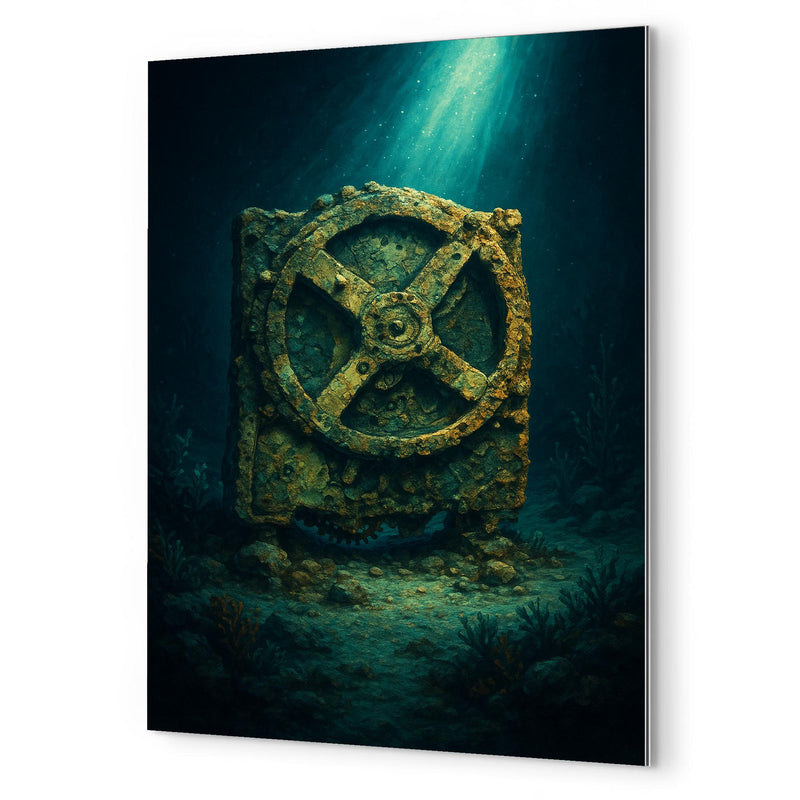 Antikythera mechanism under seabed light metal print mockup