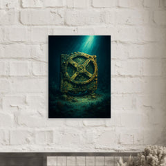 Antikythera mechanism under seabed light metal print mockup