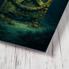 Antikythera mechanism under seabed light metal print mockup