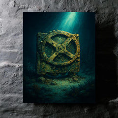 Antikythera mechanism under seabed light metal print mockup