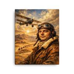 Antoine de Saint Exupery over desert mail route canvas print on a plain backdrop in size 16"x20".