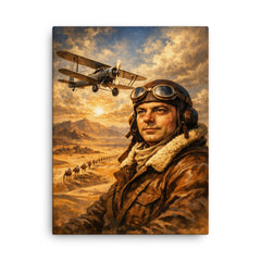 Antoine de Saint Exupery over desert mail route canvas print on a plain backdrop in size 18"x24".