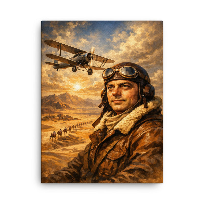 Antoine de Saint Exupery over desert mail route canvas print on a plain backdrop in size 18