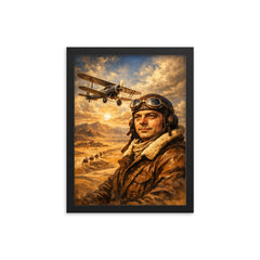 Antoine de Saint Exupery over desert mail route framed print on a plain backdrop in size 12"x16".