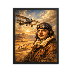 Antoine de Saint Exupery over desert mail route framed print on a plain backdrop in size 16"x20".