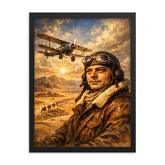 Antoine de Saint Exupery over desert mail route framed print on a plain backdrop in size 18"x24".