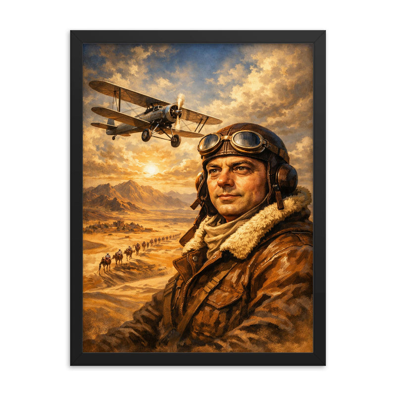 Antoine de Saint Exupery over desert mail route framed print on a plain backdrop in size 18