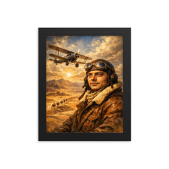 Antoine de Saint Exupery over desert mail route framed print on a plain backdrop in size 8"x10".