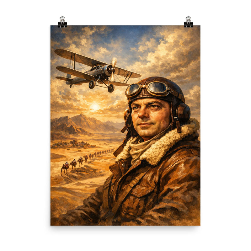 Antoine de Saint Exupery over desert mail route poster on a plain backdrop in size 8